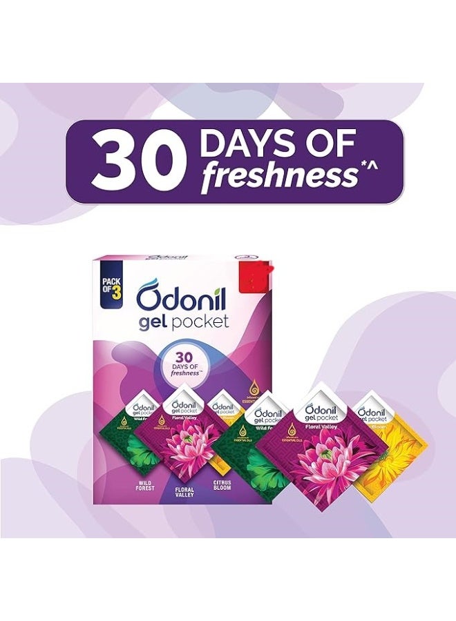 Odonil Gel Pocket Mix - 30g (Assorted pack of 3 new fragrances) | Infused with Essential Oils | Germ Protection |Long Lasting | Lasts Up to 30 days | Air Freshener for Bathroom, Toilet, Home & Office - Image 1
